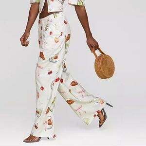 Acec Les Filled - Women's Ivory Patterned Food Print Pants - Brunch - Tabletop